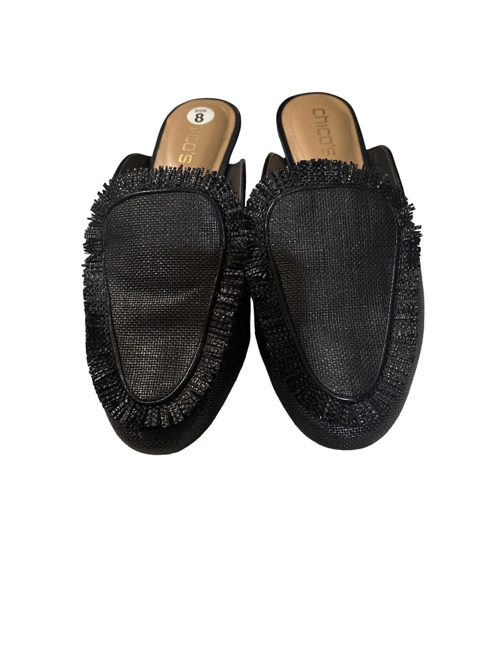 Chico's Black Fringe Textured Slip-On Mules